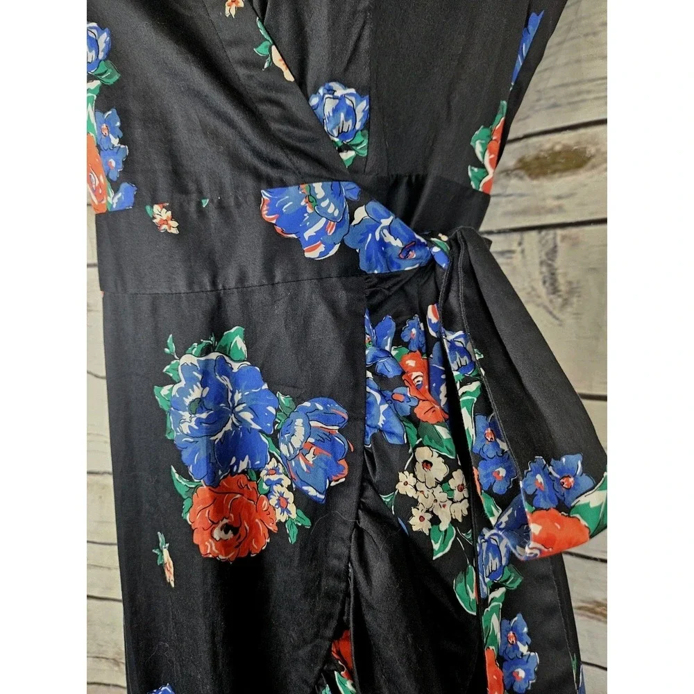 Tory Burch Navy Floral Printed Wrap Dress S Ruffle High Low Hem Sleeveless